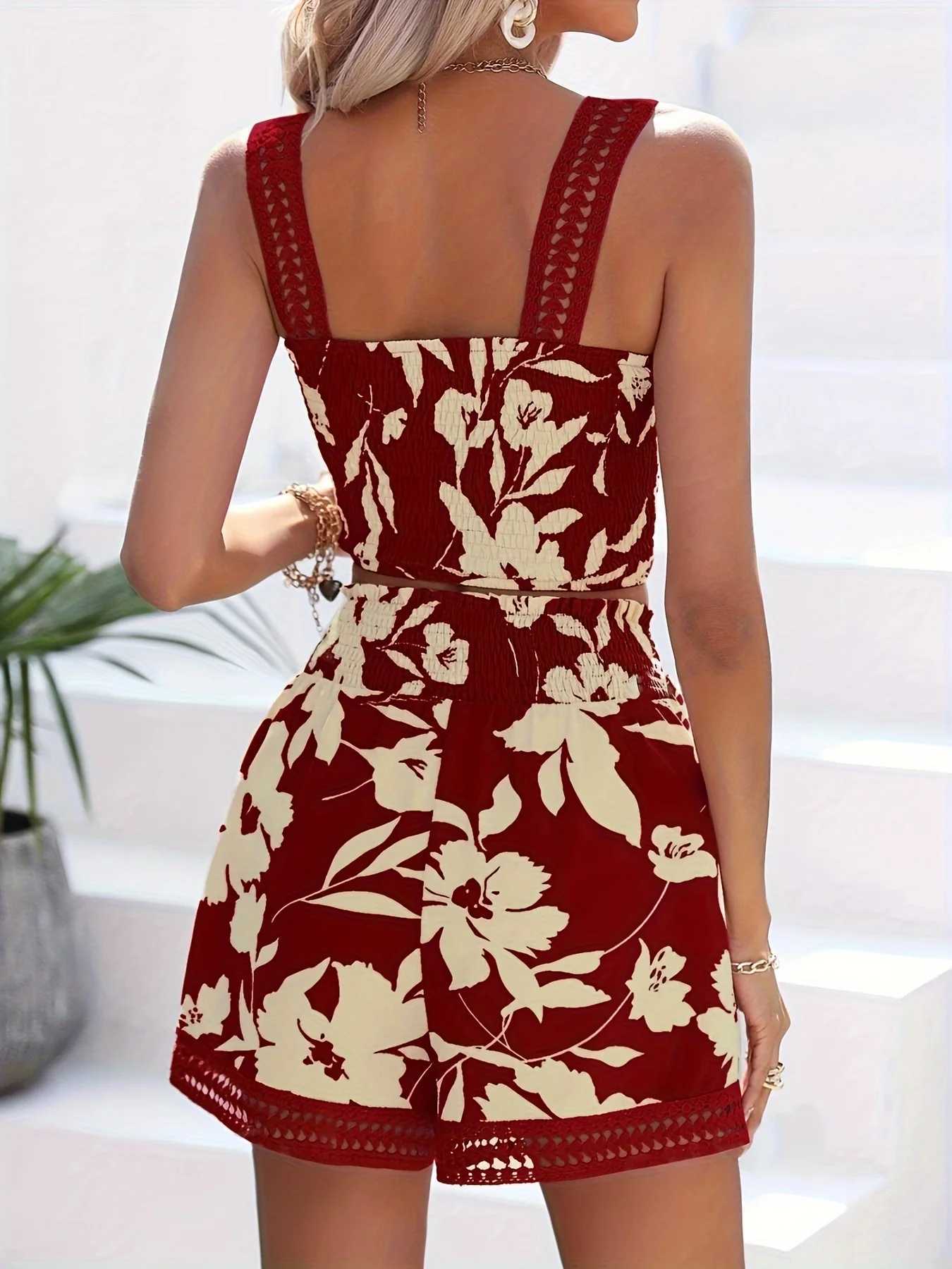 Women's Two Piece Pants Womens lace edge pull agaric suspenders shorts suit printing suit summer two-piece senior sense Y241213SYM0