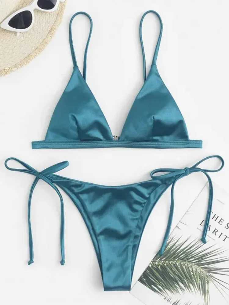 2024 Metallic Satin High Cut Brazilian Bikini Women Swimwear Fa Swimsuit Two-pieces Bikini Set Bathing Suit Swim Beach WearXJ241212