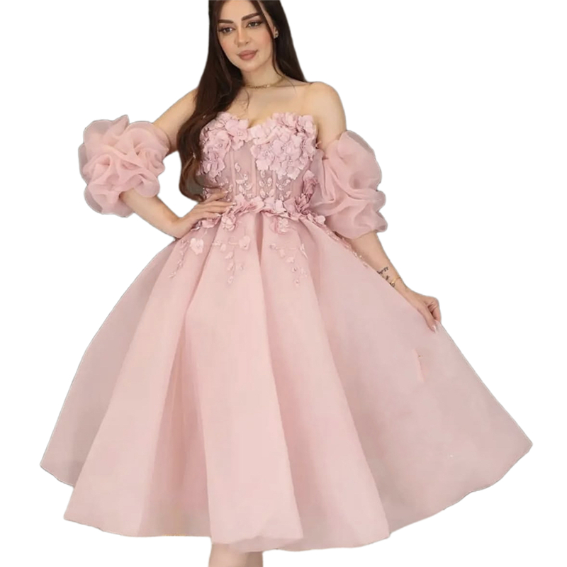 3D Floral Appliques Prom Dresses Tea Length Pink A Line Graduation Gown With Removable Short Sleeves Strapless Homecoming Dress Special Occasion Party