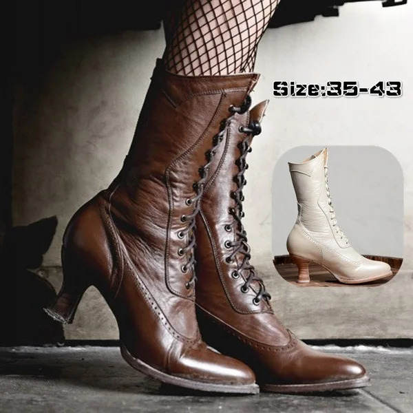 British Punk Women Shoe Retro Knight Boot Medieval PU Leather Ankle Boot Fashion Lady Cosplay High Heel Shoe Womens Boots 241213