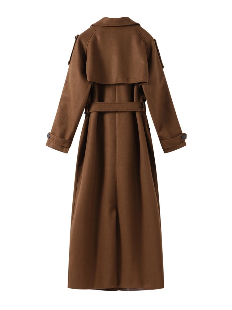 Elegant Woolen Women Long Coat With Belts Solid Double Breasted Turndown Collar Casual Lady Autumn Vintage Outwear 241213