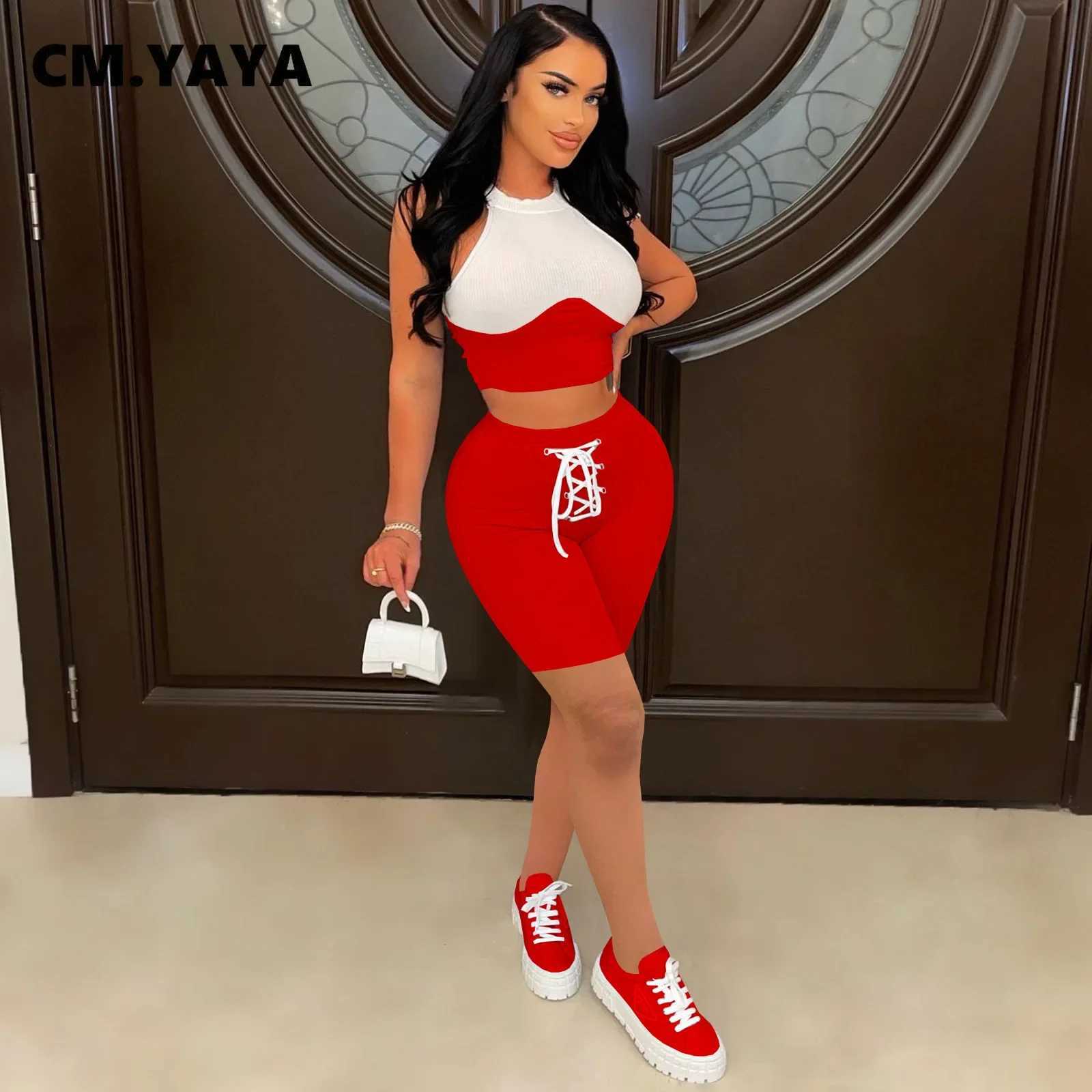 Women's Two Piece Pants CM.YAYA Elegant Knit Womens Set Patchwork Tank Top and Lace Up Shorts Tracksuit Two 2 Piece Set Fitness Outfit 2022 Sweat