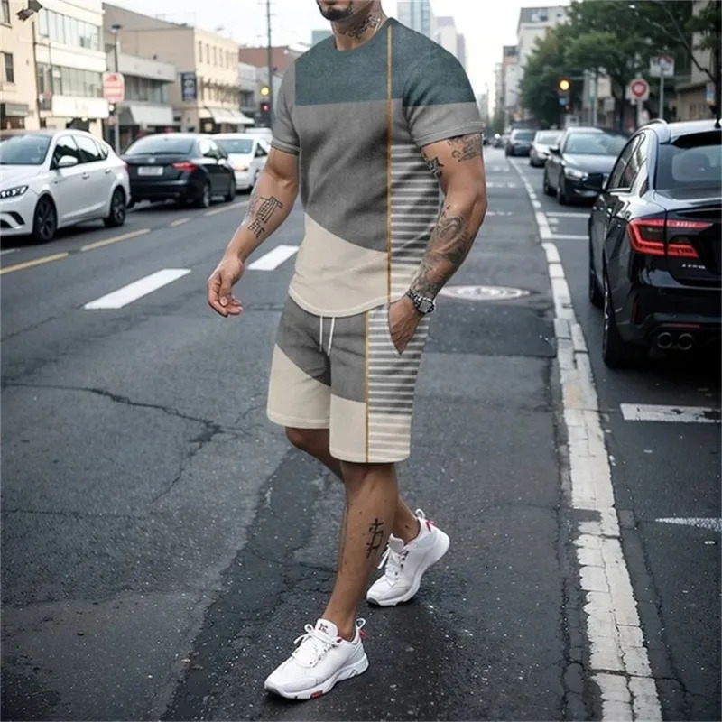 Fashion mens song set 2piece summer striped sports Hawaiian short sleeved Tshirt and casual fashion clothing 241211