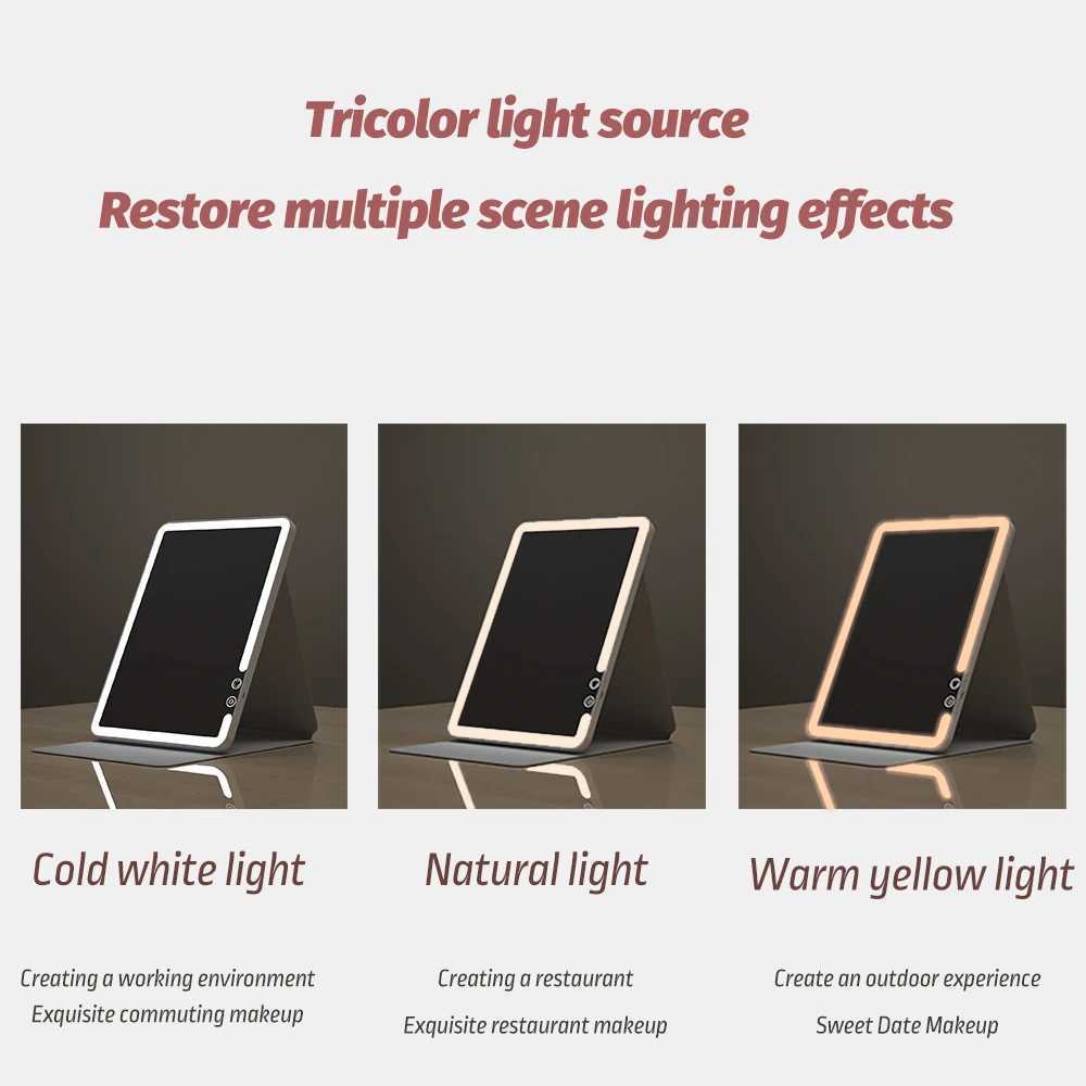 Makeup Mirror Foldable Portable 3-Color Dimmable Lighting Rechargeable Tabletop Folding Vanity Cosmetic Mirror with LED LightsXJ241213