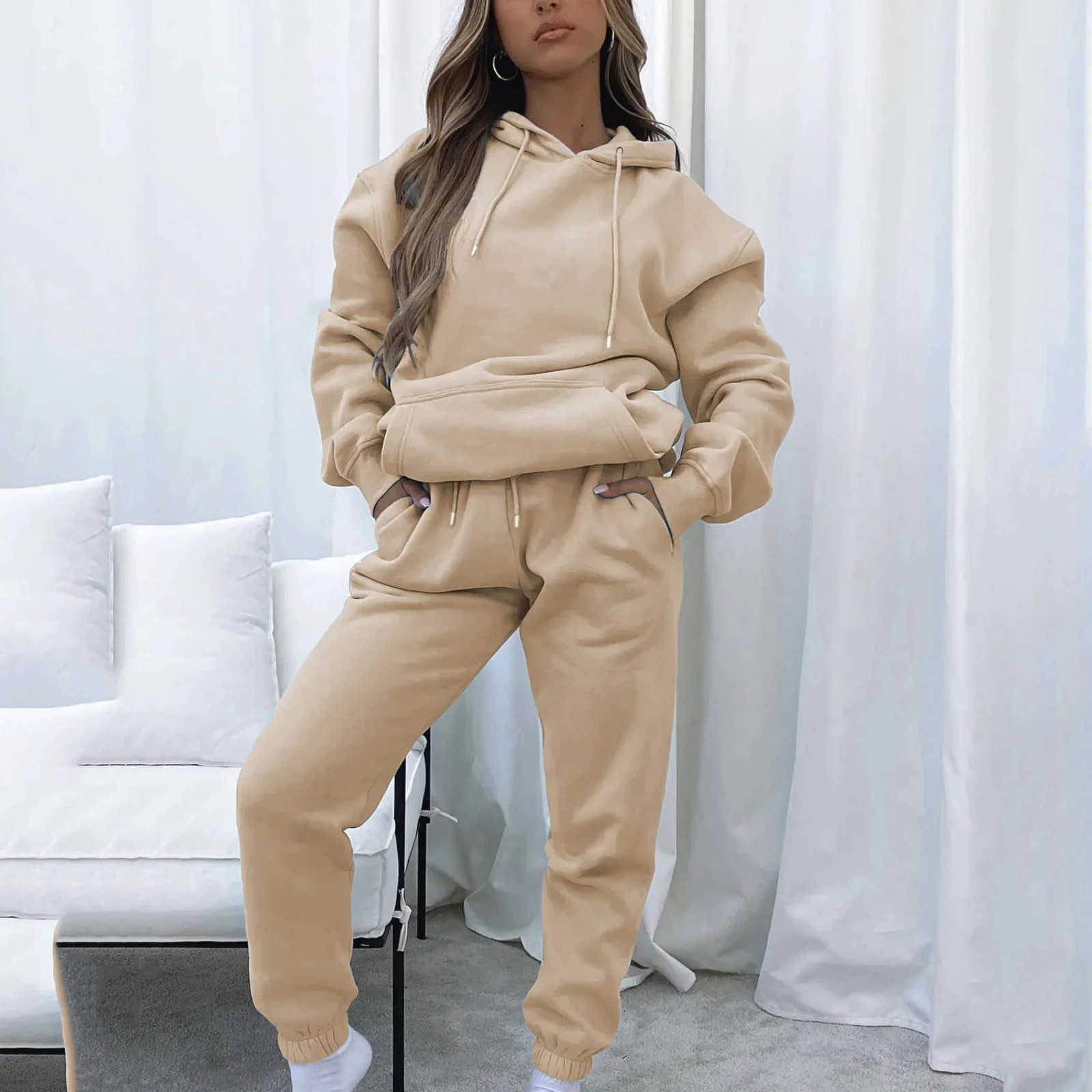 Women Two Piece Sets Tracksuit outfit Hooded Sweatshirts Pocket Drawstring Long Pants Suit Thick Casual Office Lady Autumn 241203