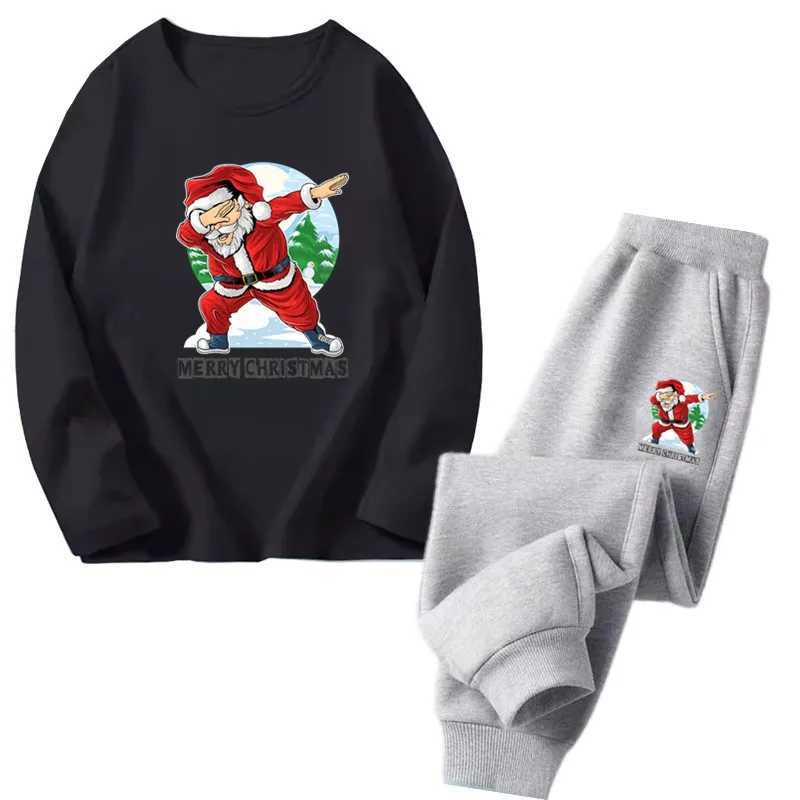 Childrens Christmas costume set boys cartoon Santa Claus song set long sleeved T-shirt and pants 2-piece childrens spring and autumn set W241213