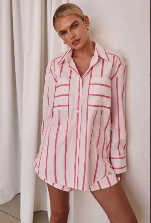 Women's Two Piece Pants Dourbesty Women Striped Print Long Slve Button Down Shirt + Shorts Set Loungewear Elegant Lady Spring Matching Suit Y2412