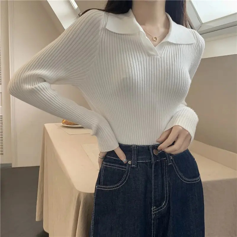 Autumn Winter Women Lapel Pullover Sweaters Basic Long Sleeve Knitted Sweater for Woman Solid Color Jersey Tops Clothes Mujer 241203
