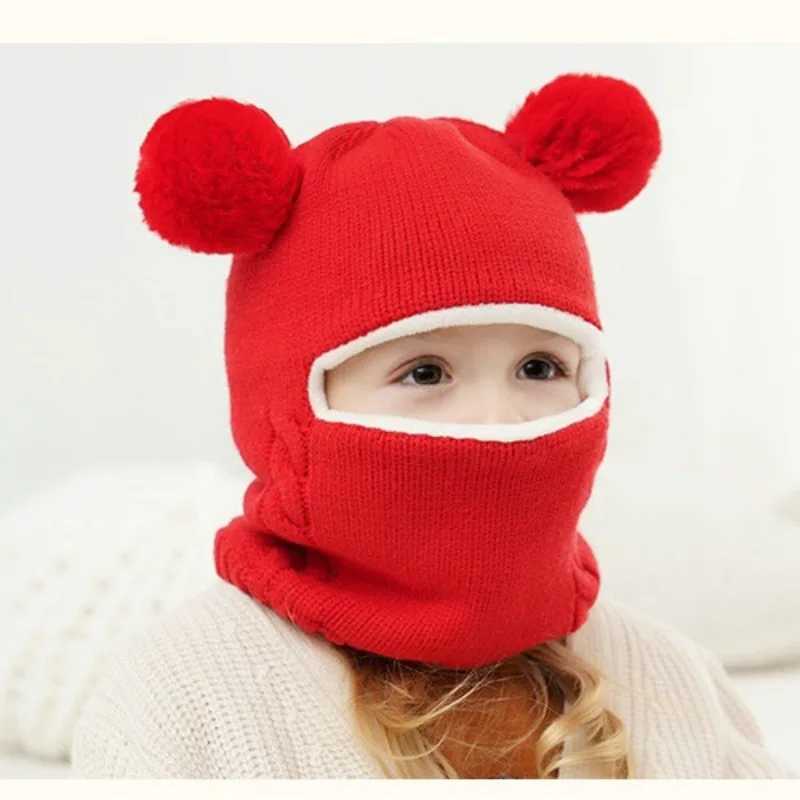New Cute Balaclava Hats Children Double Balls One-piece Hat Scarf Boys Girls Autumn Winter Pompom Ball Wool Cap Gorros InviernoXJ241213