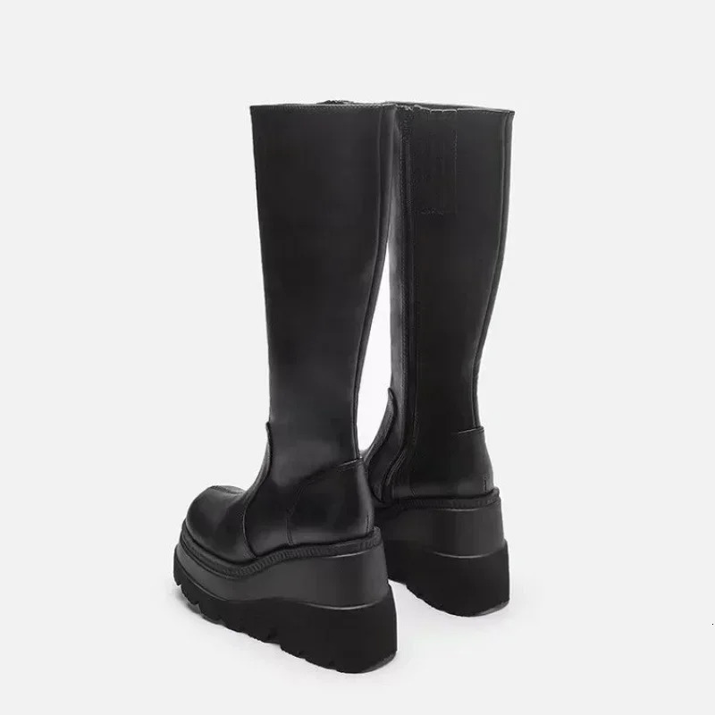 2024 Fashion Platform Womens Battle Winter High Heels High Quality Long Thick Zipper Knee Boots Botas Unprinted Platform Shoes 241213