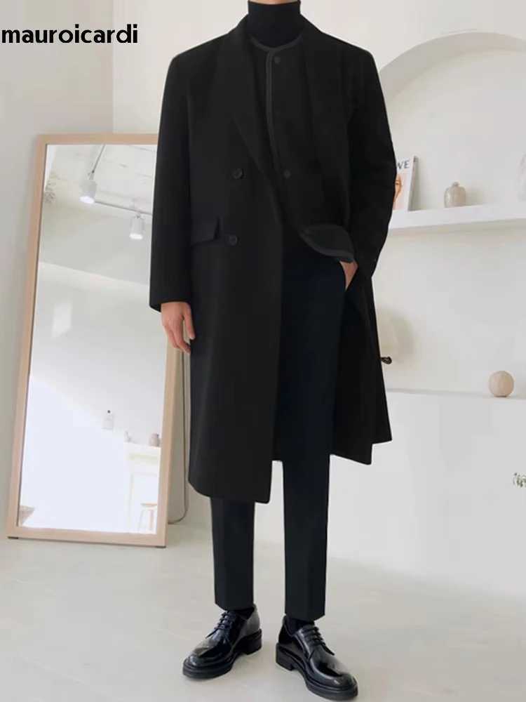 Mauroicardi Autumn Winter Long Warm Camel Black Woolen Coat Men Double Breasted Korean Style Wool Blends Overcoat with Back SlitXJ241212