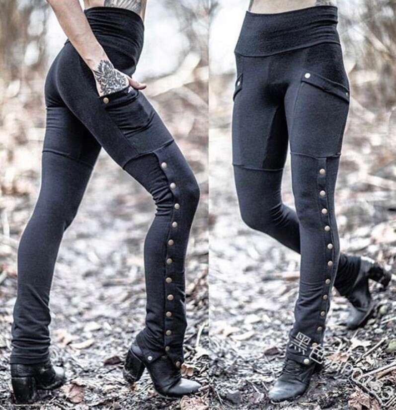Fashionable And Handsome Women's Rivet Slit Sexy Design Small Leg Slim Fit Elastic Pocket Decoration Pencil Pants Fashionable Quality Classic