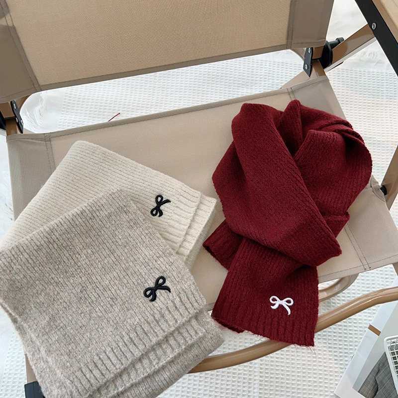 Scarves Wraps Winter Wool Scarf for Kids Thicken Warm Knitted Scarves Solid Color Bow Embroidered Children Boy Girl Neckerchief H241213