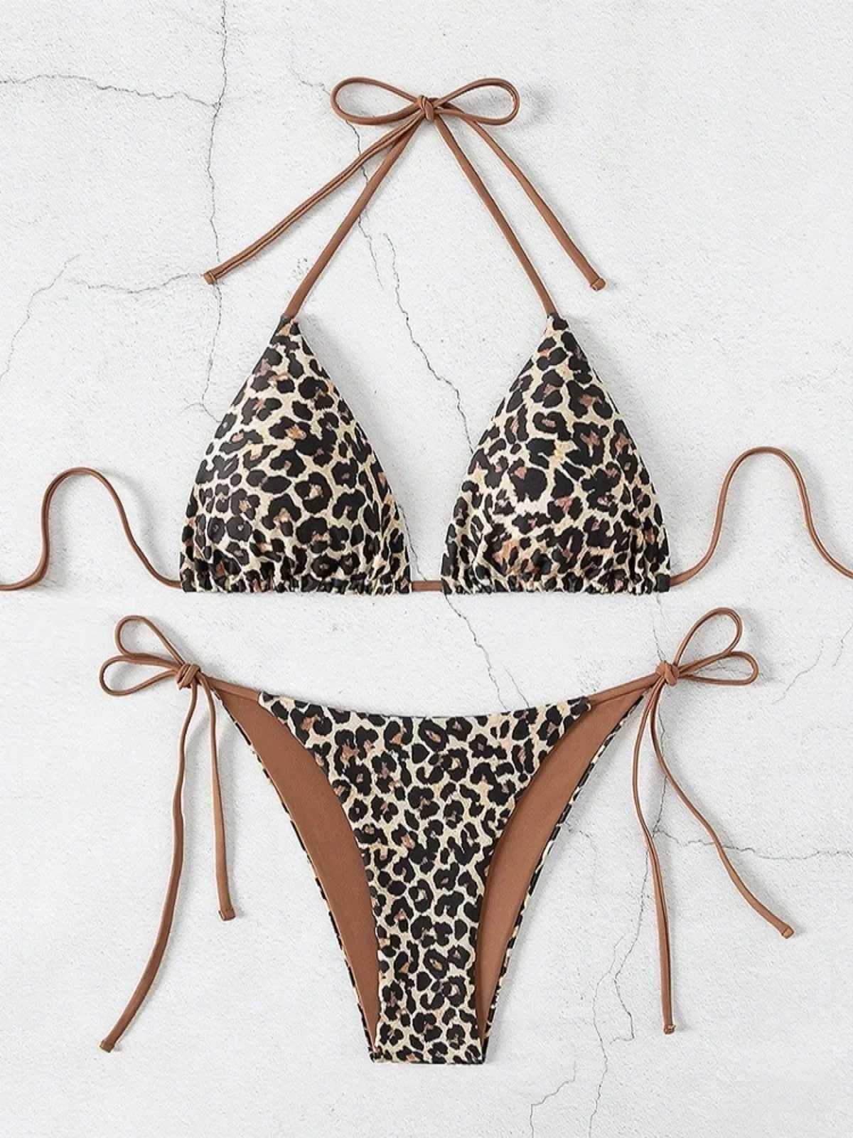 Sexy opard Print Two Piece Swimsuit Set Triang Bra Suspender Halter ss Bikini Set Beach Vacation Lace-up Swimwear 2025XJ241212