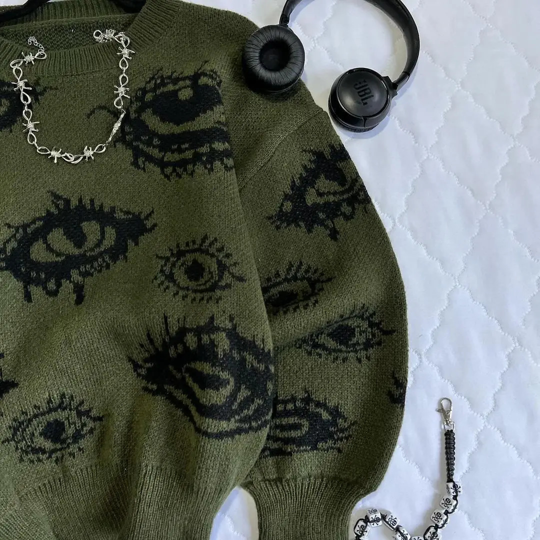 Gothic Punk Oversized Eye Pattern Sweaters for Men and Women Autumn Winter Thickened Sweatshirts Knitted Sweater Streetwear 241213