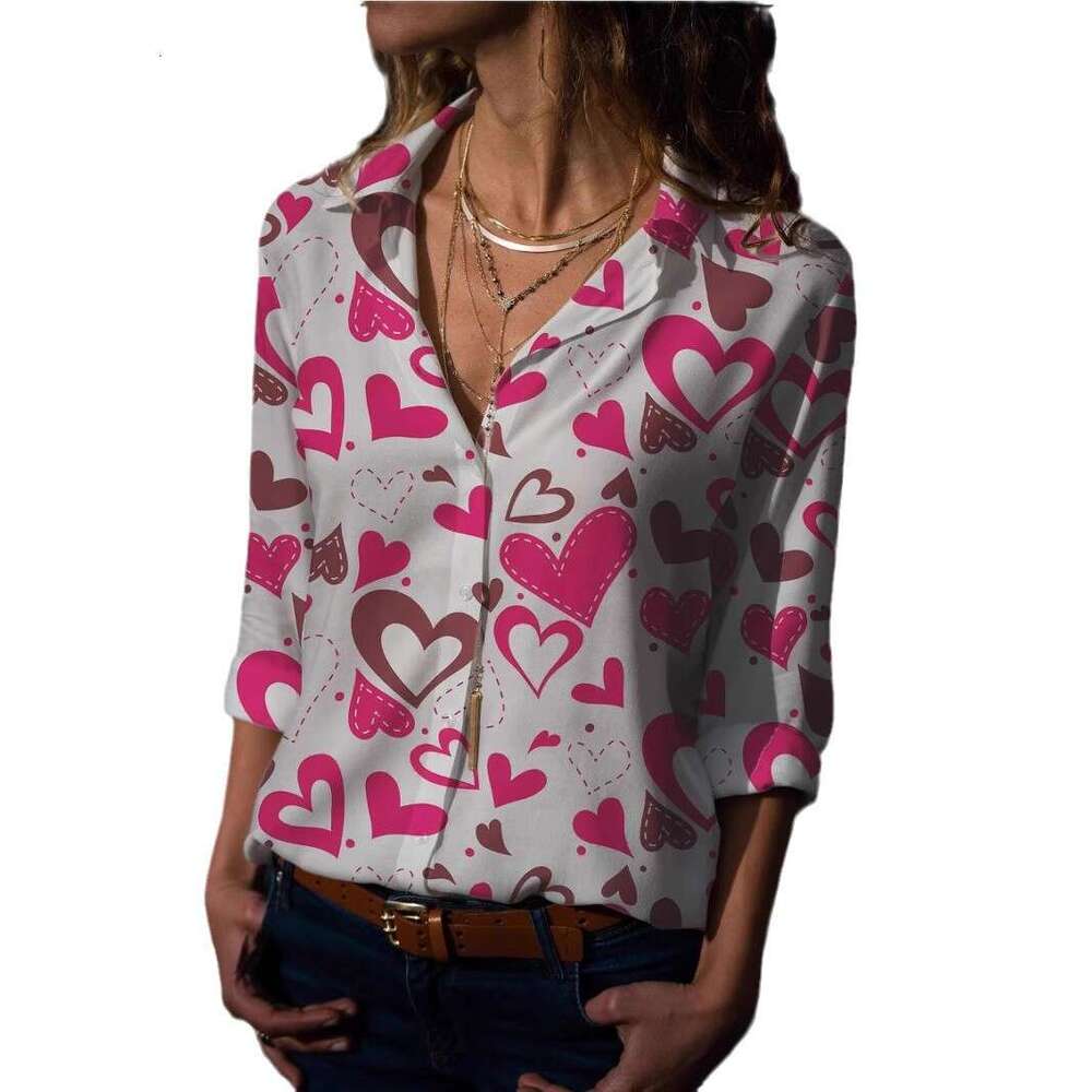 Women's Tops, Digital Long Sleeved Heart Printed Shirts, Women's Trendy Clothing, Fashionable And Casual Temperament