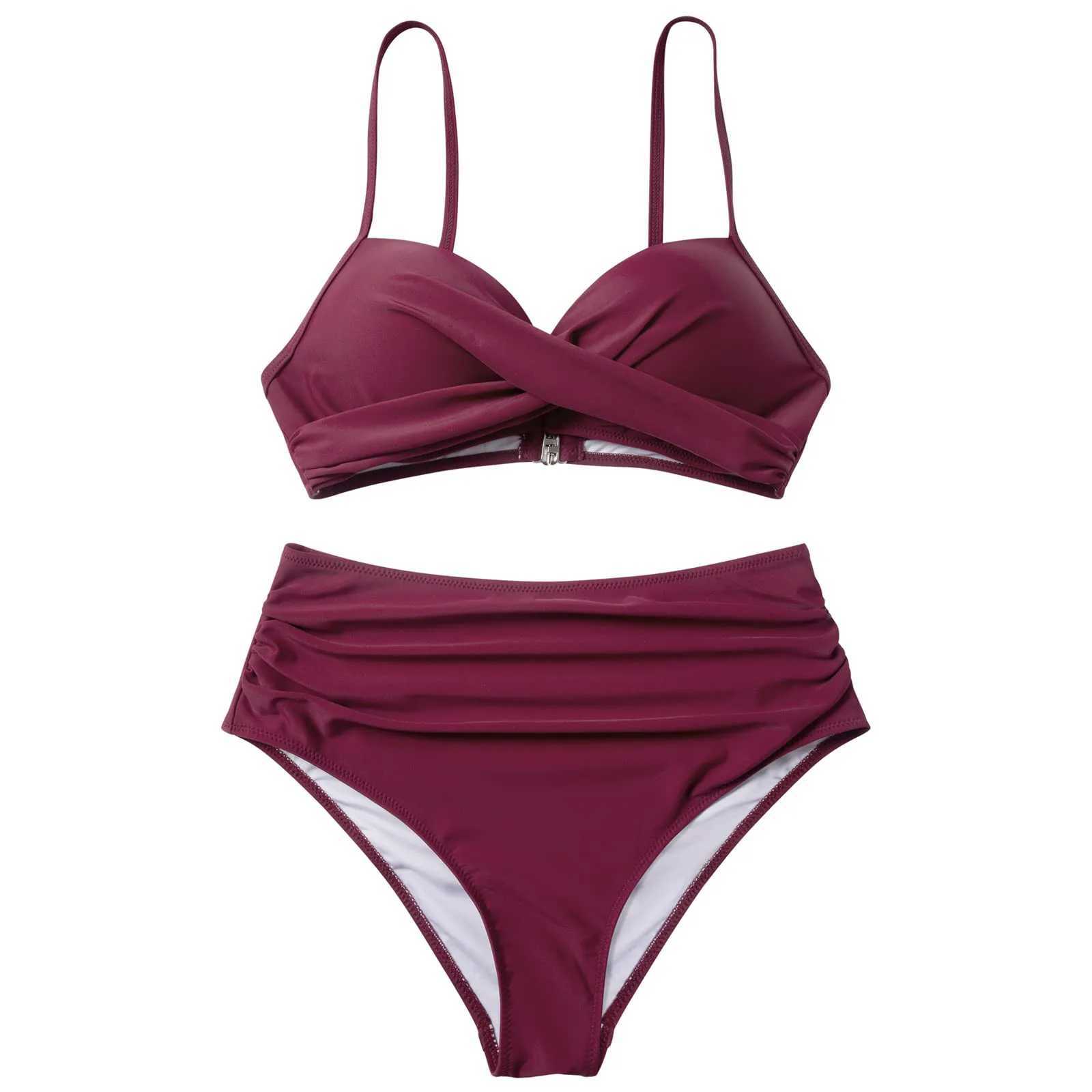 2024 Sexy WomenS Bikini Sets Push Up Swim Bathing Suit High Cut Swimsuit Vintage Solid Color Beachwear XJ241212