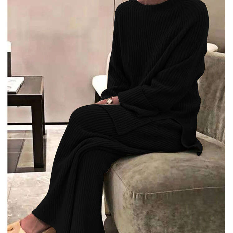 European And American Women's Long Sleeved Solid Color Casual Two-Piece Set Knitted Sweater Fashionable Quality Classic