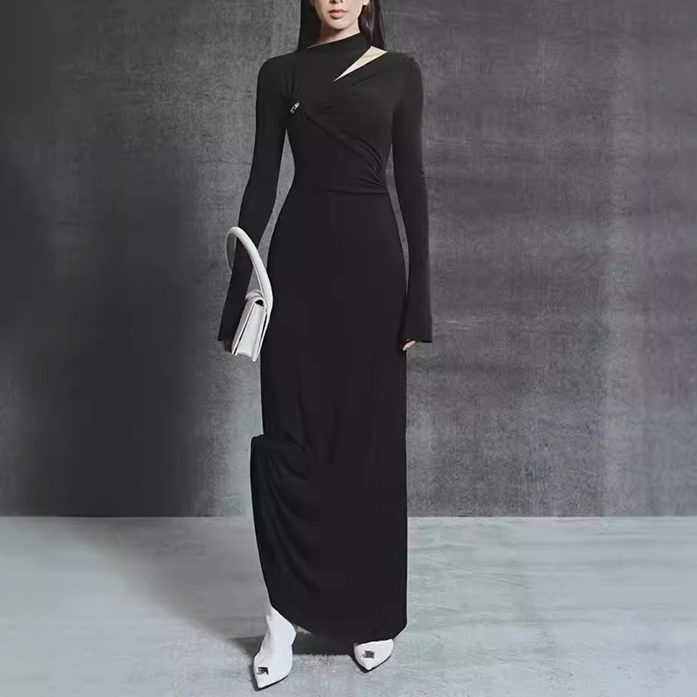Solid Spliced Folds Elegant Dresses For Women O Neck Long Sleeve High Waist Slimmming Chic Temperament Dress Female