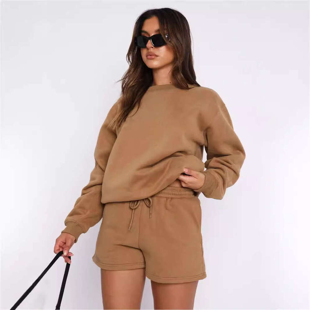 Spring Autumn Foreign Trade Women's New Style Solid Color Loose Versatile Casual Round Neck Hoodie Shorts Set Trendy Clothing Fashion And Leisure