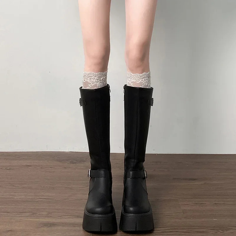 Platform Wedges Heel Women Knee High Boots Fashion Belt Buckle Slip On Long Booties Autumn Winter Female Shoes 241213