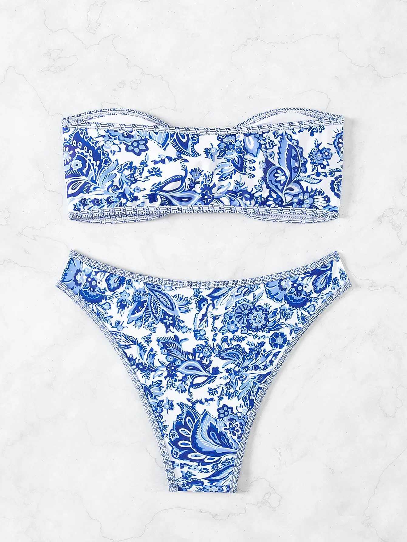 Womens Strapss Sexy Bikini Set Blue and White Porcelain Printed 2 Piece Swimsuit 2024 Summer Beach Vacation Bathing SuitXJ241212