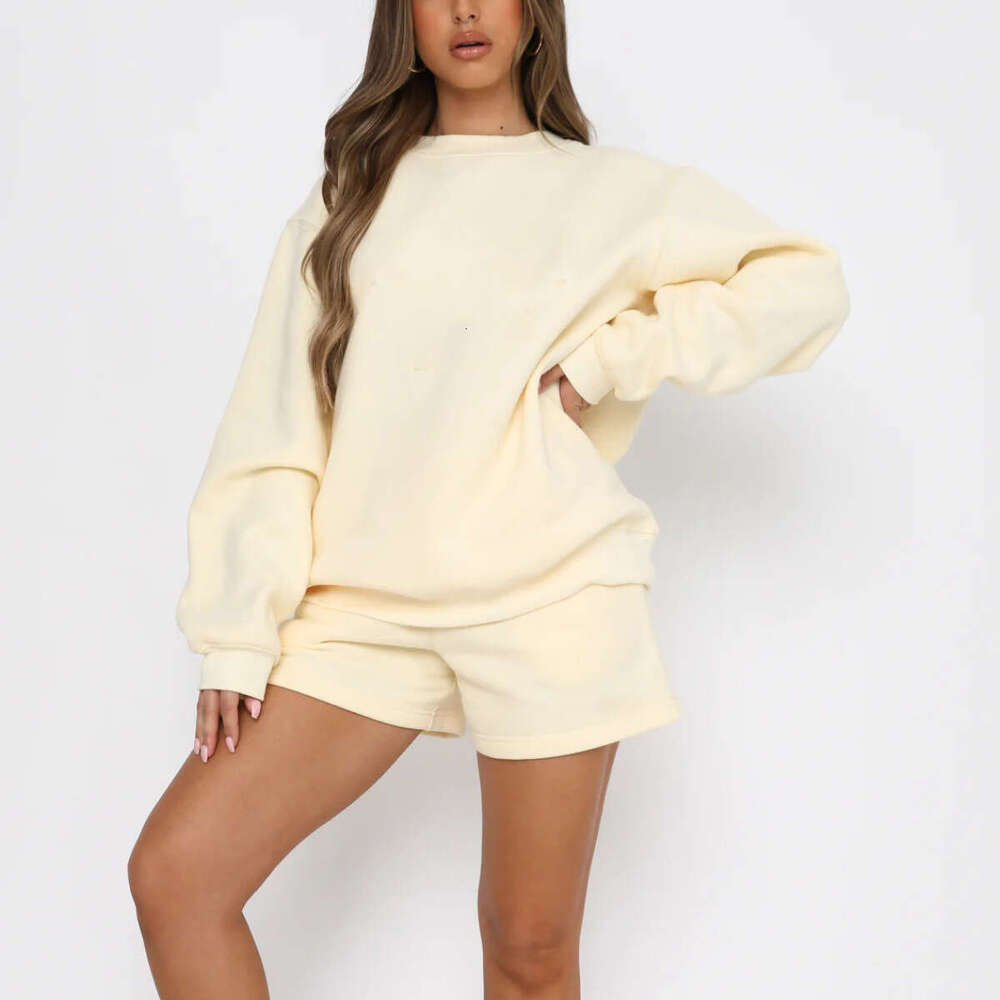 Spring Autumn Foreign Trade Women's New Style Solid Color Loose Versatile Casual Round Neck Hoodie Shorts Set Trendy Clothing Fashion And Leisure