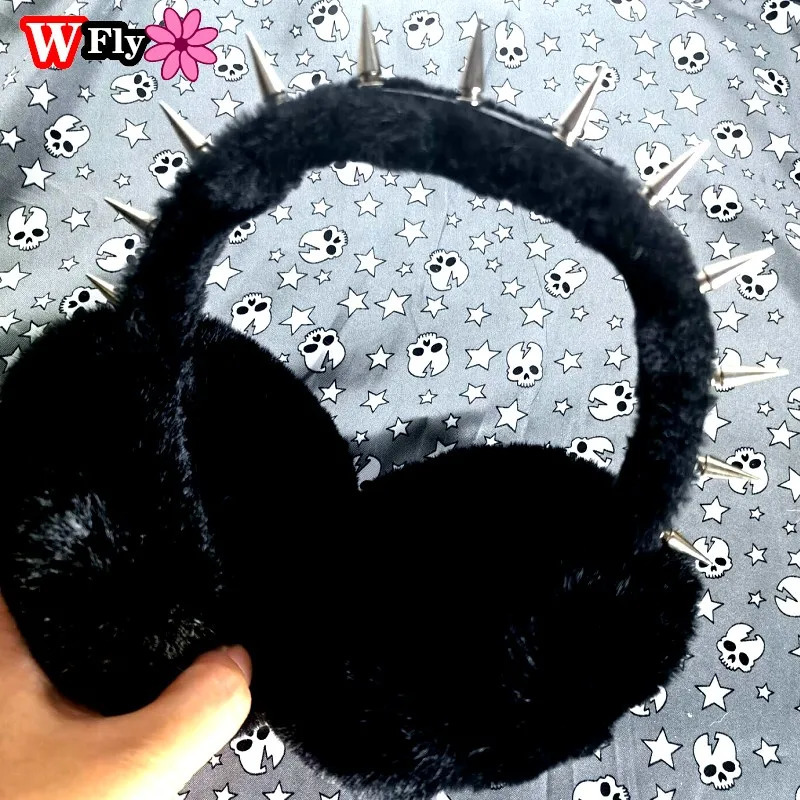Y2K Gothic Lolita Womens Punk Rivet Warm Earrings Womens Winter Warm Black Fur Earrings Foldable Headband Accessories 241211