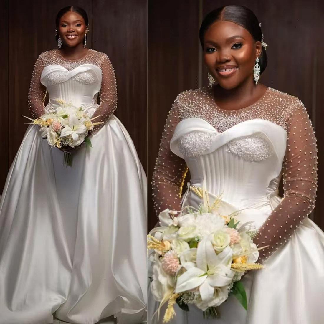 Beautiful Shinny Beads Wedding Dress With Detachable Train Vestidos De Novia Long Sleeves Satin Bridal Gown bc19873