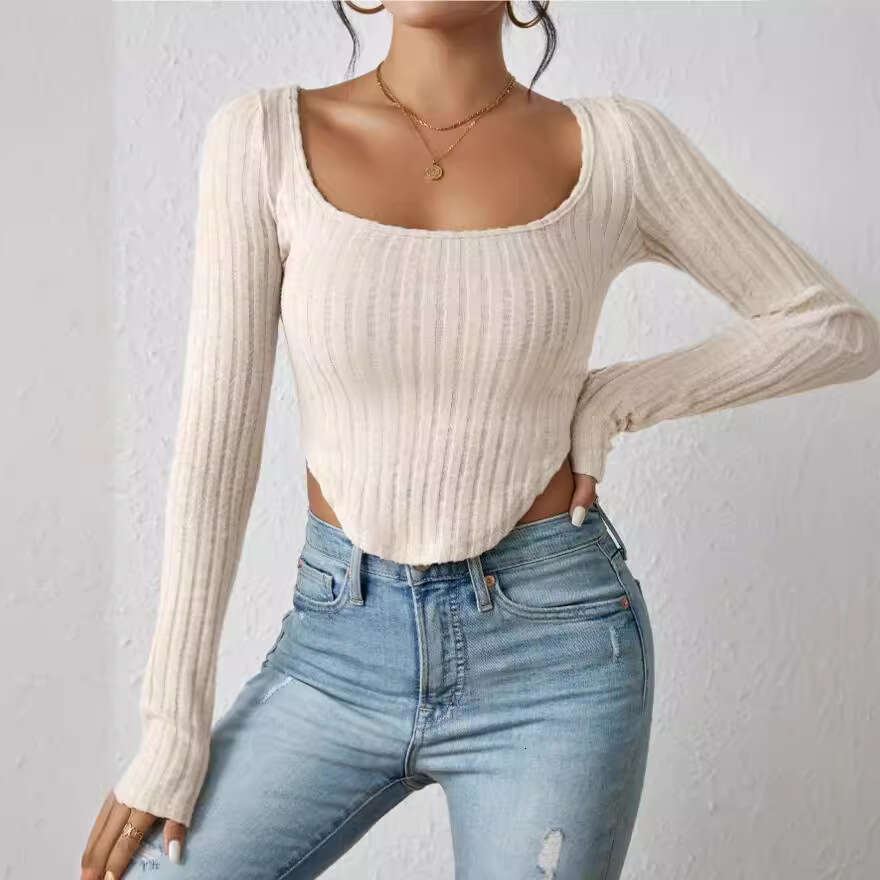 European and American hot selg 2024 summer new square neck long sleeved irregular pit stripe T-shirt for women