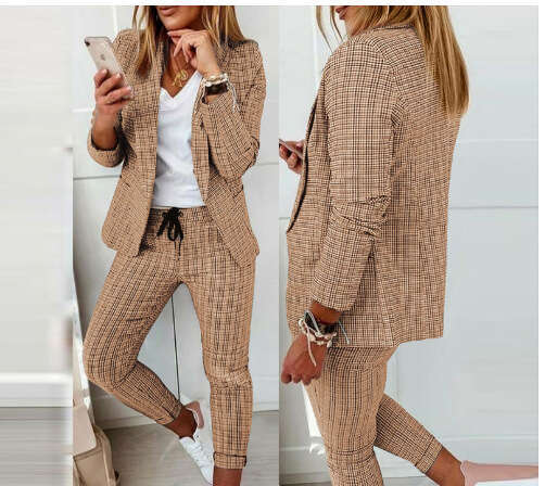 New European And American Women's Plaid Casual Slim Fit Lapel Suit With Elastic Tie Pants Set, Fashionable Quality Classic