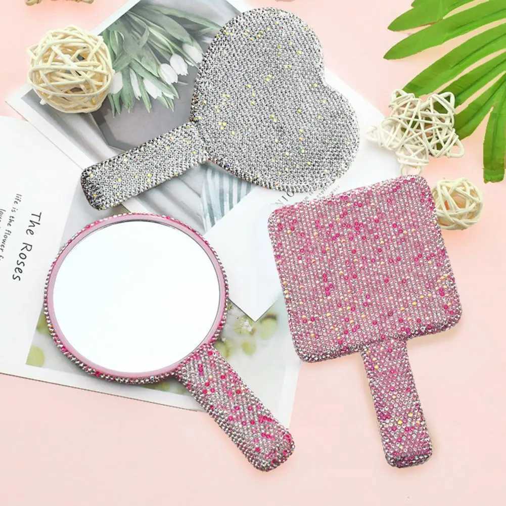 Makeup Mirror Glitter Rhinestone Decor Square Round Heart Shaped Handheld Mirror Women Girls Cosmetic Hand MirrorXJ241213