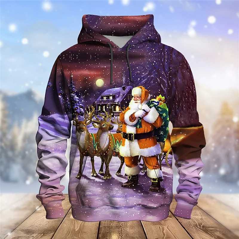 3D printed fun Santa Claus mens hoodie with reindeer pattern Christmas long sleeved casual sports shirt unisex loose hoodie W241213