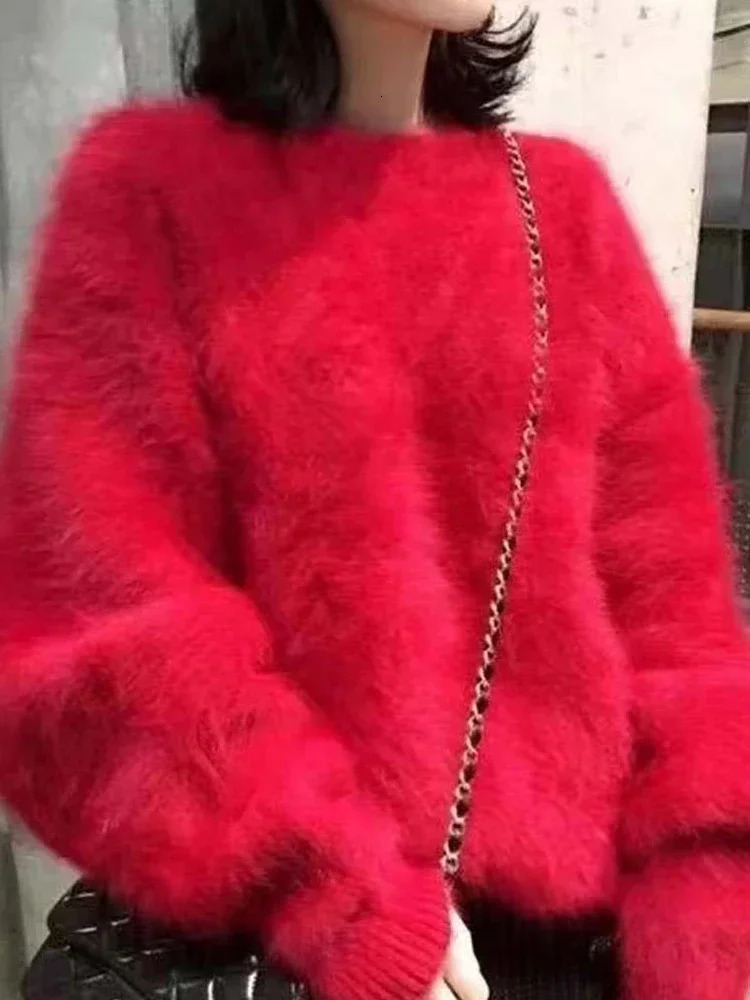 Autumn Winter Mink Fleece Sweater Womens Knitted Pullovers Thick Loose Casual Outerwear Solid O Neck Oversize Jumper 241212