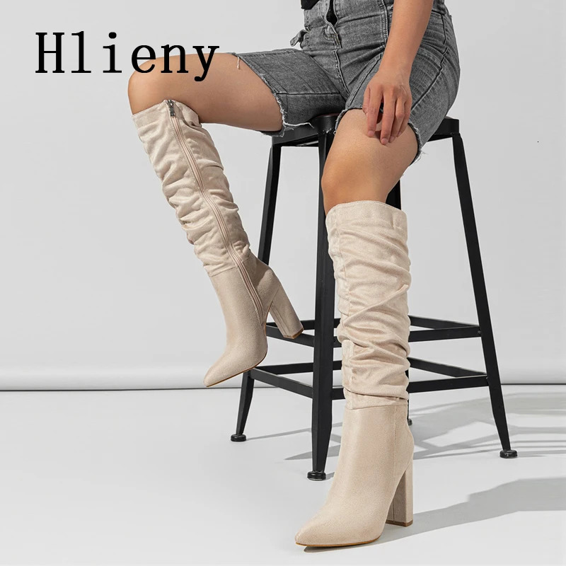 Hlieny Fashion Black Red Womens Knee High Heels Sexy Point Toe Square High Heels Womens Long Zipper Womens Shoes Size 35-42 241213