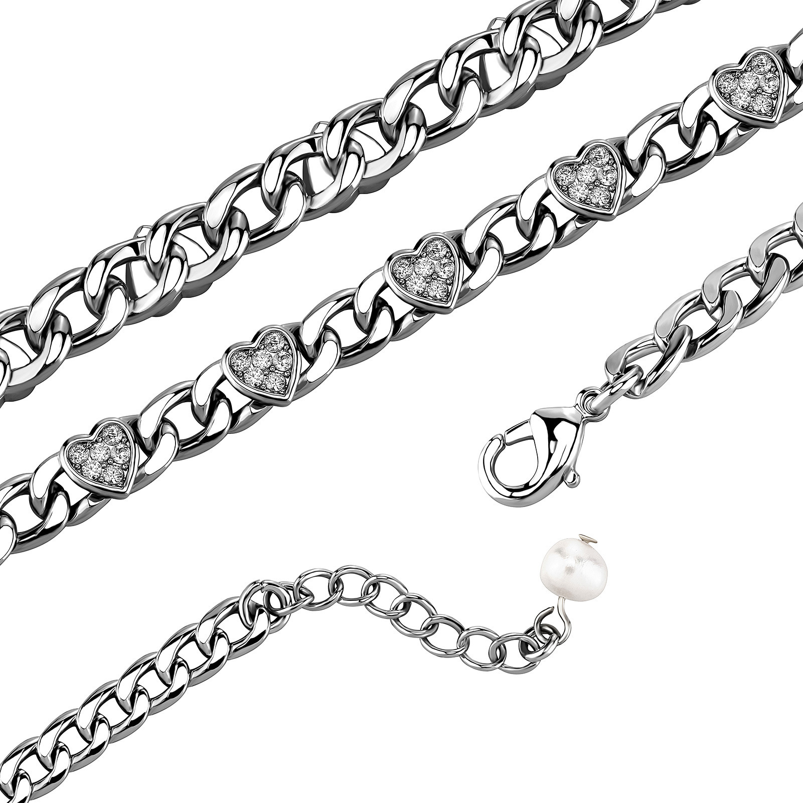 Boutique Pearl Love Heart Charm Cuban Link Chain Bracelet For Women Shiny Cubic Zirconia Trendy Couple Bracelets 18k Gold Color Preserved Wolf Tide Bi