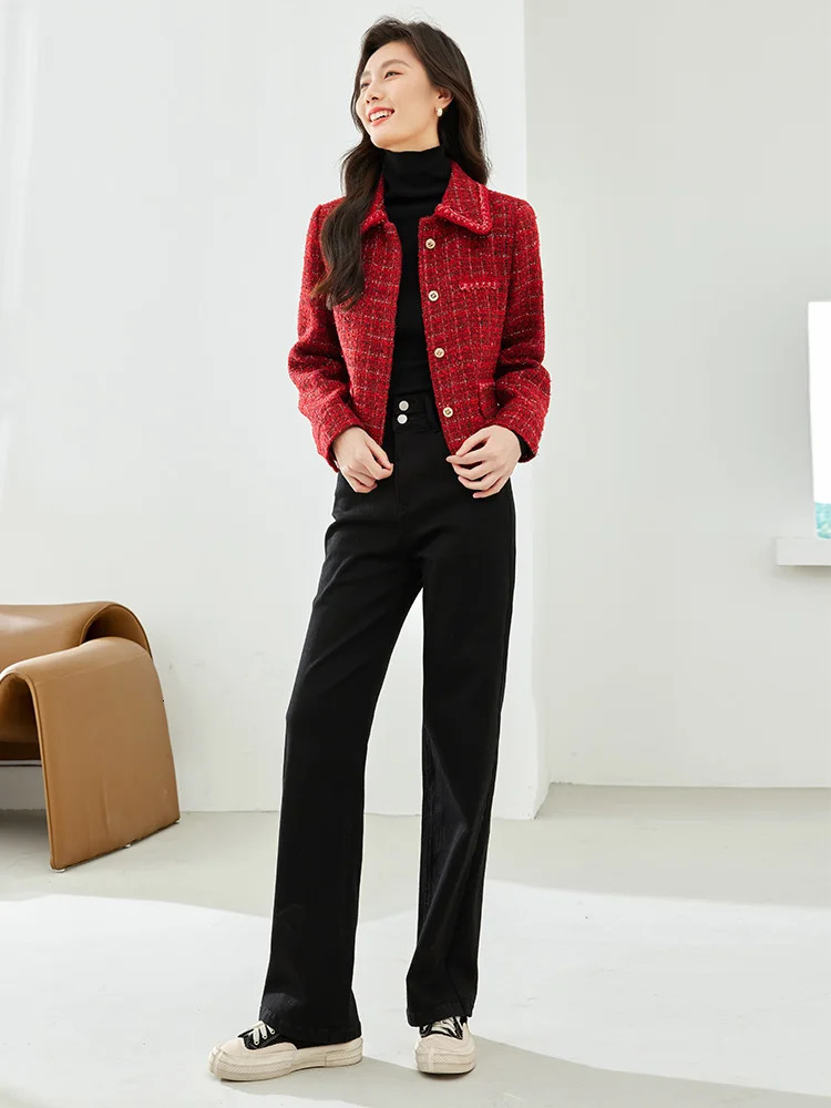 Vimly Winter Red Tweed jacket is suitable for womens office and womens workwear business jacket long sleeved lapel straight short jacket M3309 241205