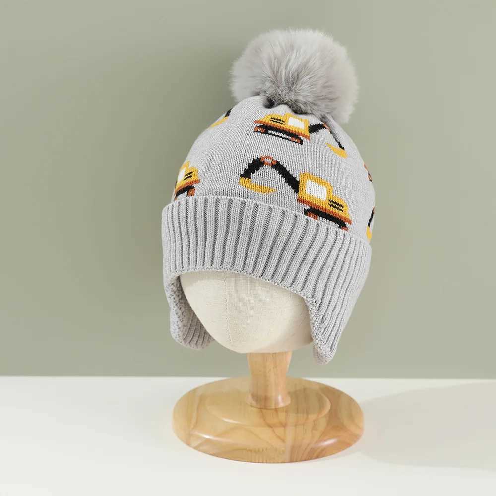 Kids Boys Girls Knitted Hat Jacquard Excavator Car Beanies Hat for Winter Ear Protection Warm Hat for ChildrenXJ241213