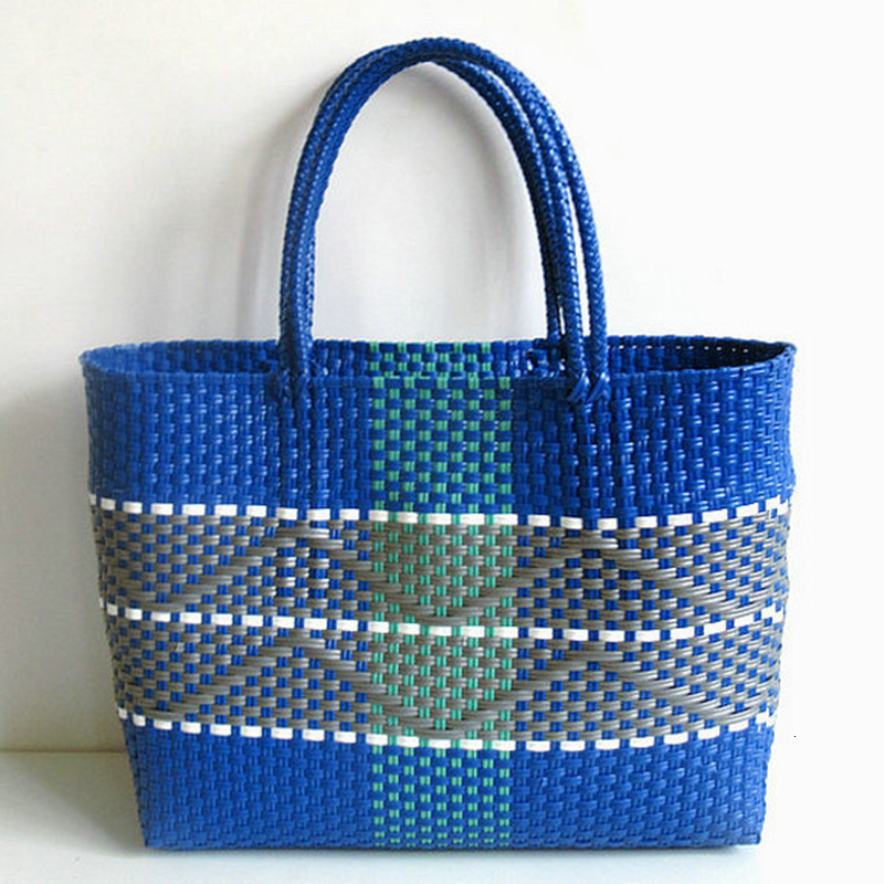 Plastic Woven Women's Handbag Handmade Bohemia Storage Basket Contrast Tote Designer Summer Beach Bag Female Shoulder Bags