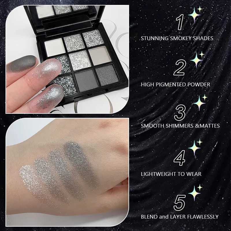 9-color smoked matte glitter eye shadow palette with eyeliner punk shimmer eye shadow cosmetics dark gray cold tone W241213
