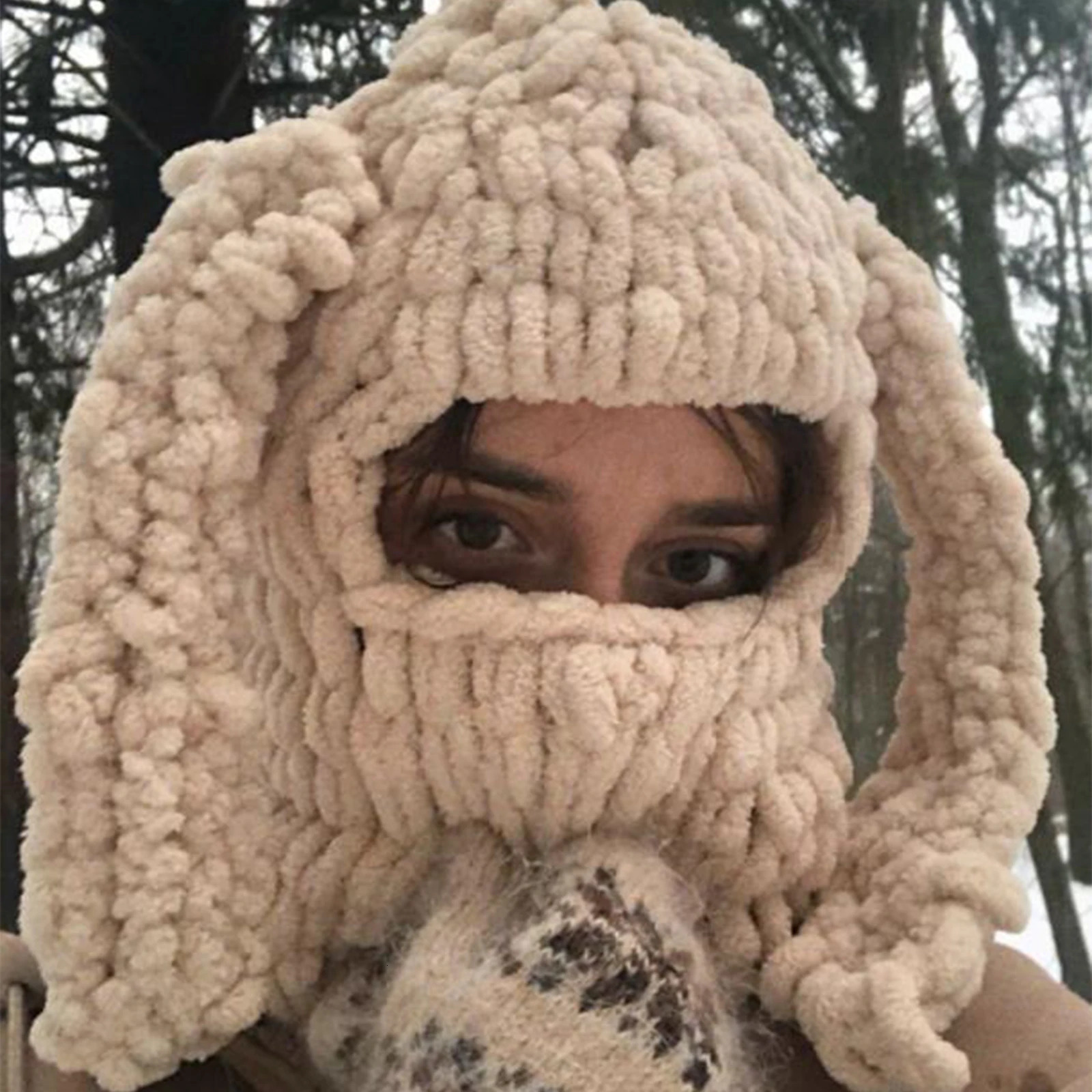Womens Winter Plush Hat Cute Balaclava with Rabbit Ears Fun Hat for Skiing Hiking Camping 241205