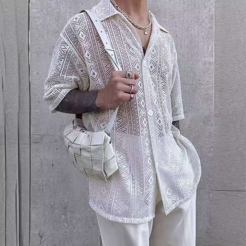 Foreign Trade European And American Summer Men's Clothing New Style Solid Color Sexy Mid Sleeve Mesh Perspective Lace Top Shirt Fashion Quality C