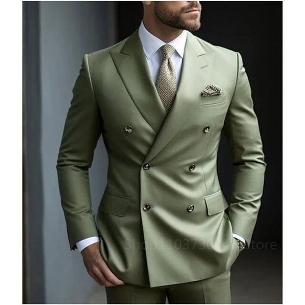 Solid 2 Pieces Men Set Fashion New Men's Formal Business/Wedding Groom Suits Peak Lapel Double Breasted Blazer Trousers
