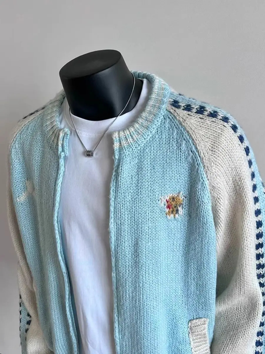 Fashion Trend n Knitted Wool Colorblocked Zipper Jacket Mens Winter Simple Casual Warm Couple Sweater Cardigan 241213