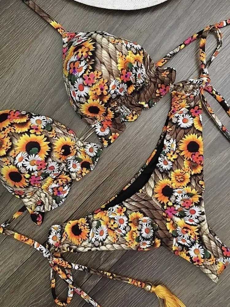 RUOTONGSEPT Sexy Micro Bikinis Set 2024 New Swimsuit Women Feather Print Bandage Swimwear Fa Bathing Suit Brazilian BiquinisXJ241212