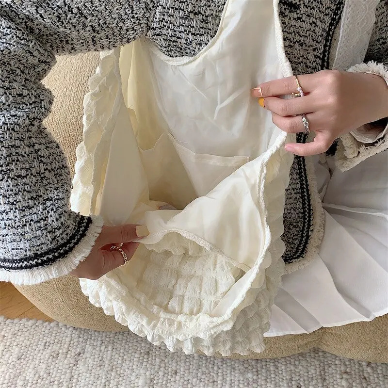 Summer Pleated Bubble Cloud Women Shoulder Bag Vintage Candy Color Large Capacity Shopping Tote 241203