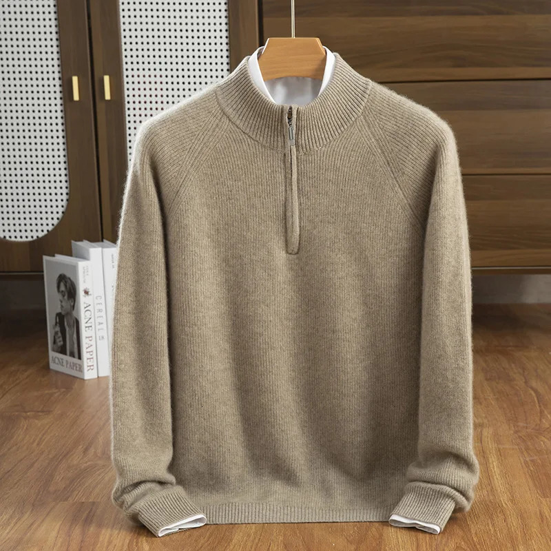 Autumn And Winter 100% Cashmere Mens Semi High Neck Zipper Versatile Temperament Sweater 241213