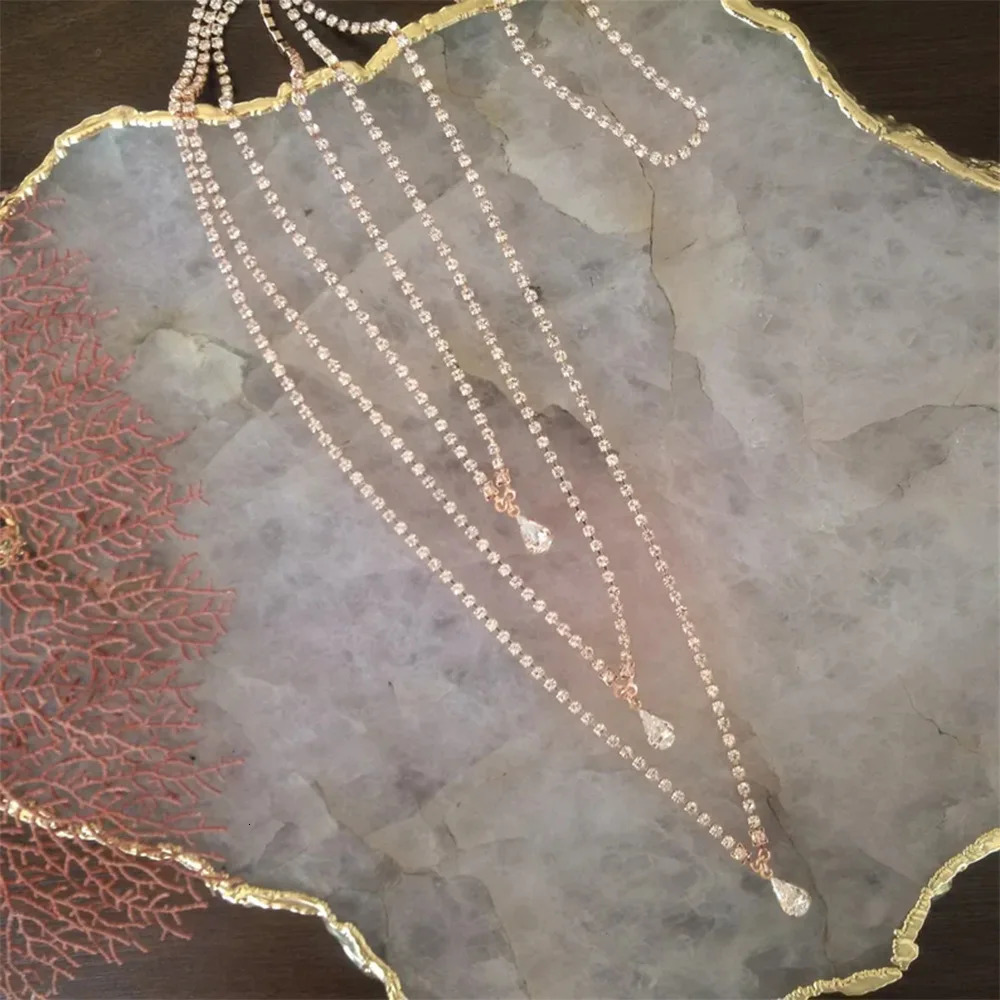 Crystal Necklace Droplet Back Chain Multilayer Wavy Dress Accessories 241213