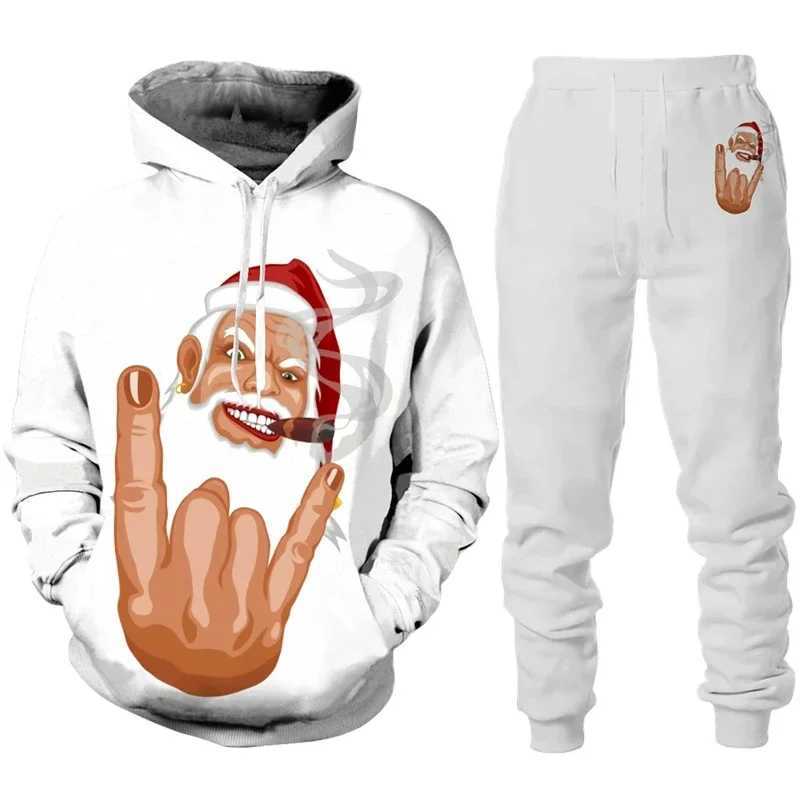 Santa Claus 3D printed mens hoodie sports loose New Year holiday casual oversized pull-out set W241213