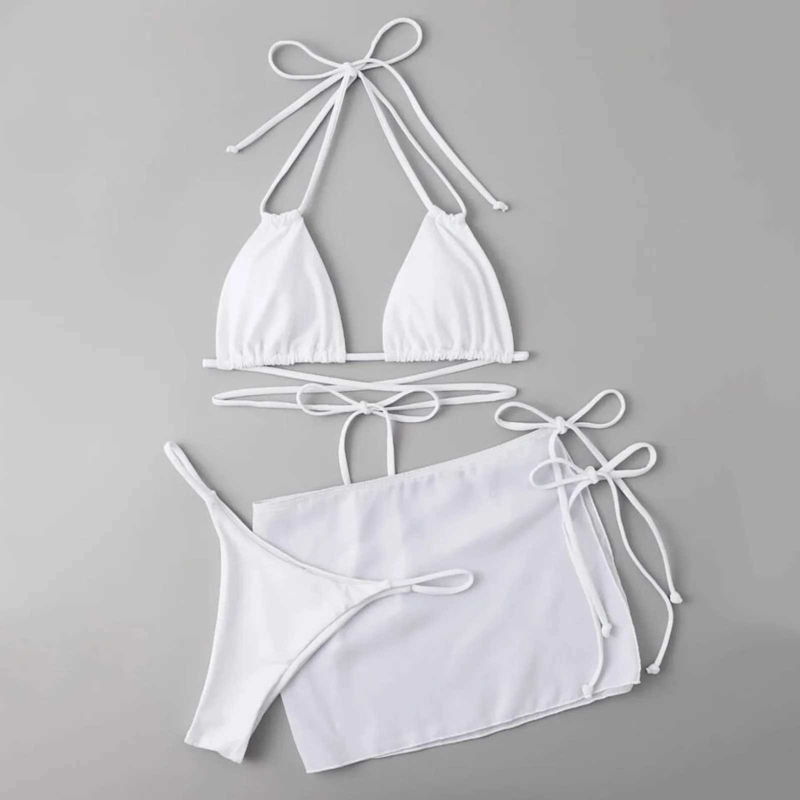 3pcs Thin Strap Bikini Set For Womenm Sexy Cross Bandage Swimsuits Halter Lace-Up Bathing Suit With Cover Ups Trajes De BaOXJ241212